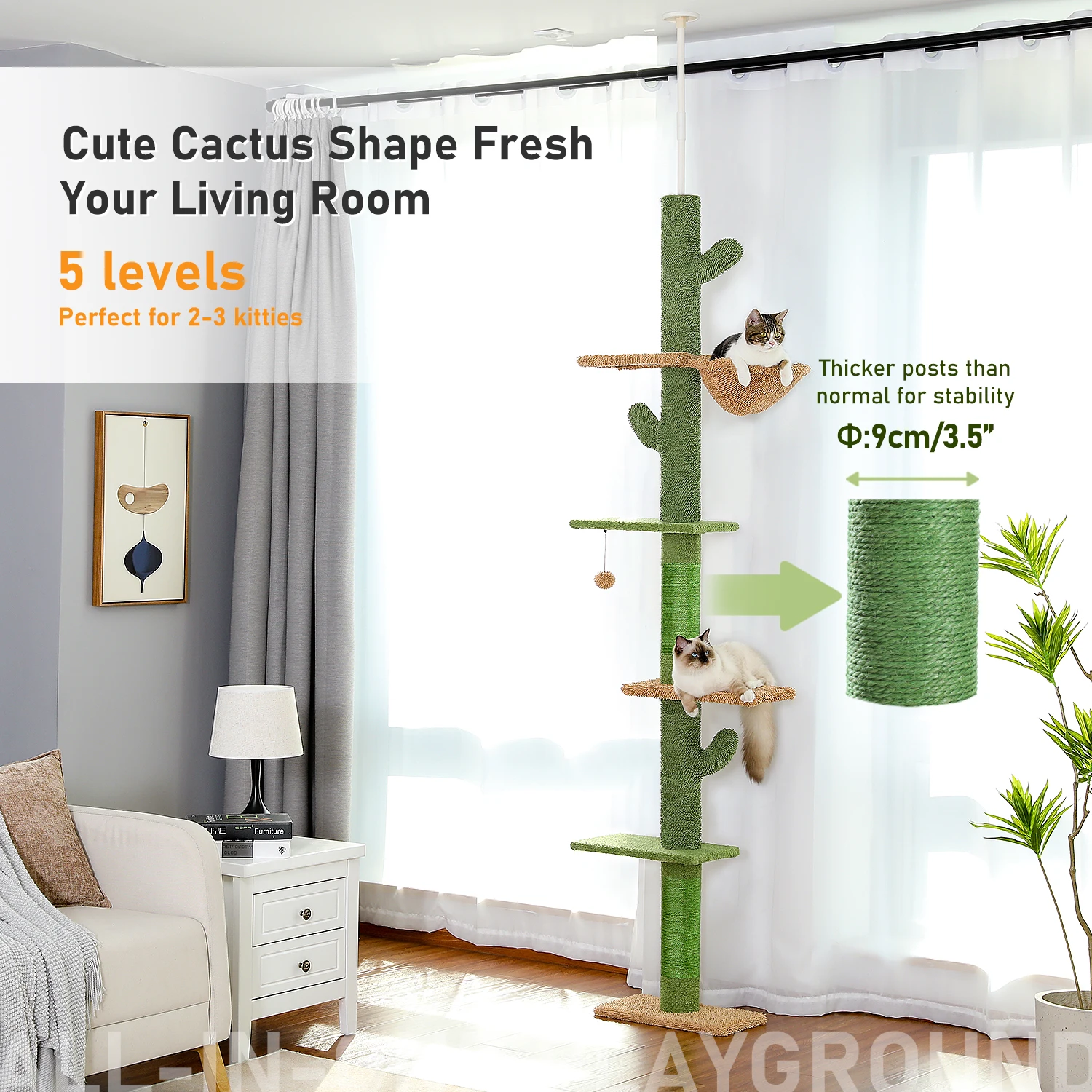 5-Tier Floor to Ceiling Cat Tree Tower Cactus Tall Climbing Tree with Scratching Post Hammock Dangling Ball for Indoor Cats - Image 2