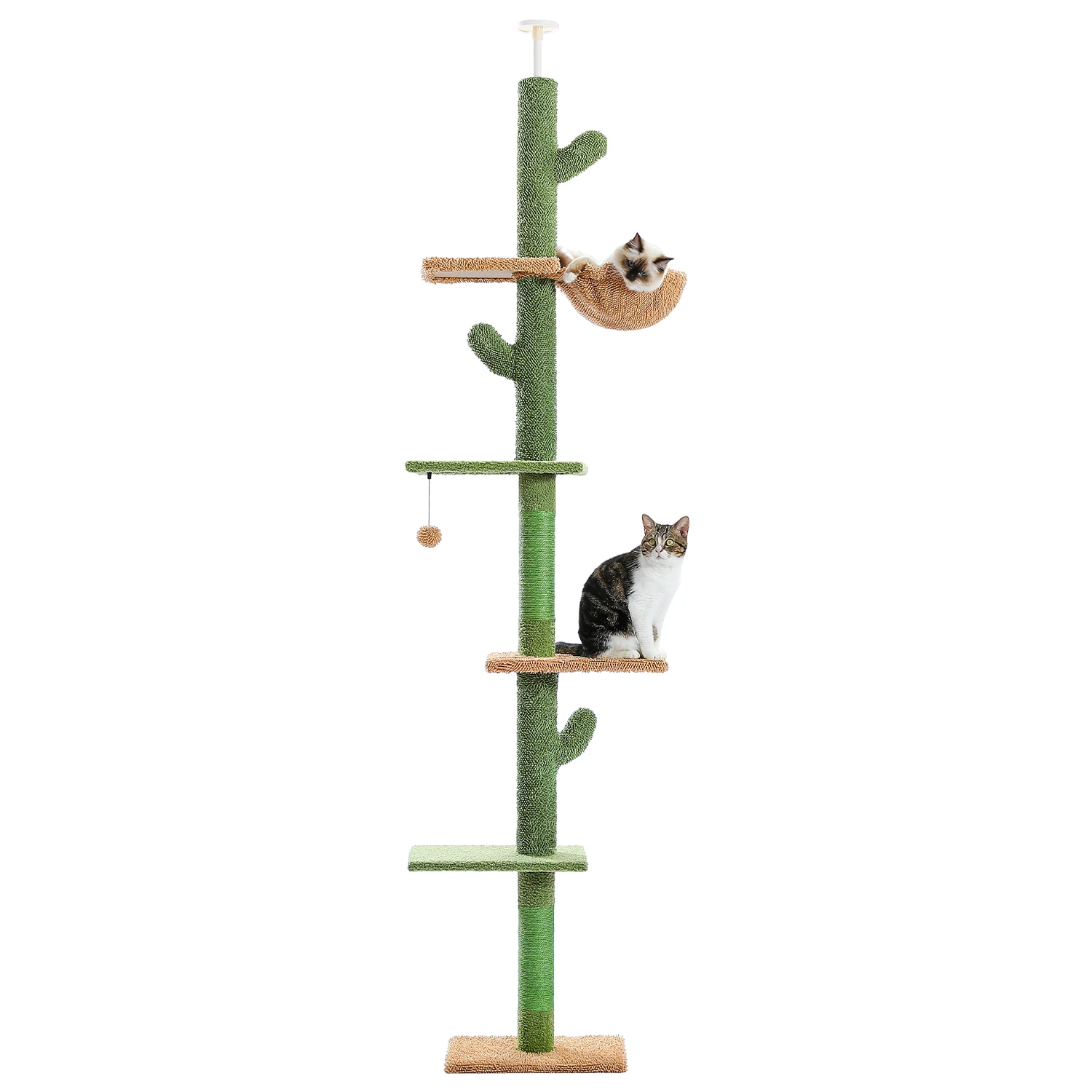 5-Tier Floor to Ceiling Cat Tree Tower Cactus Tall Climbing Tree with Scratching Post Hammock Dangling Ball for Indoor Cats - Image 7