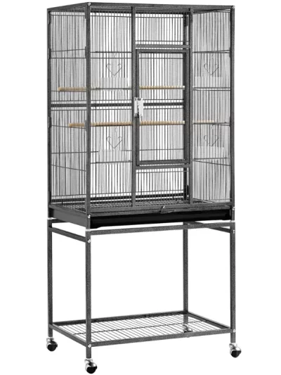 53.7'' Metal Rolling Bird Cage with Stand, 4 Feeding Bowls, and 2 Perches, Black