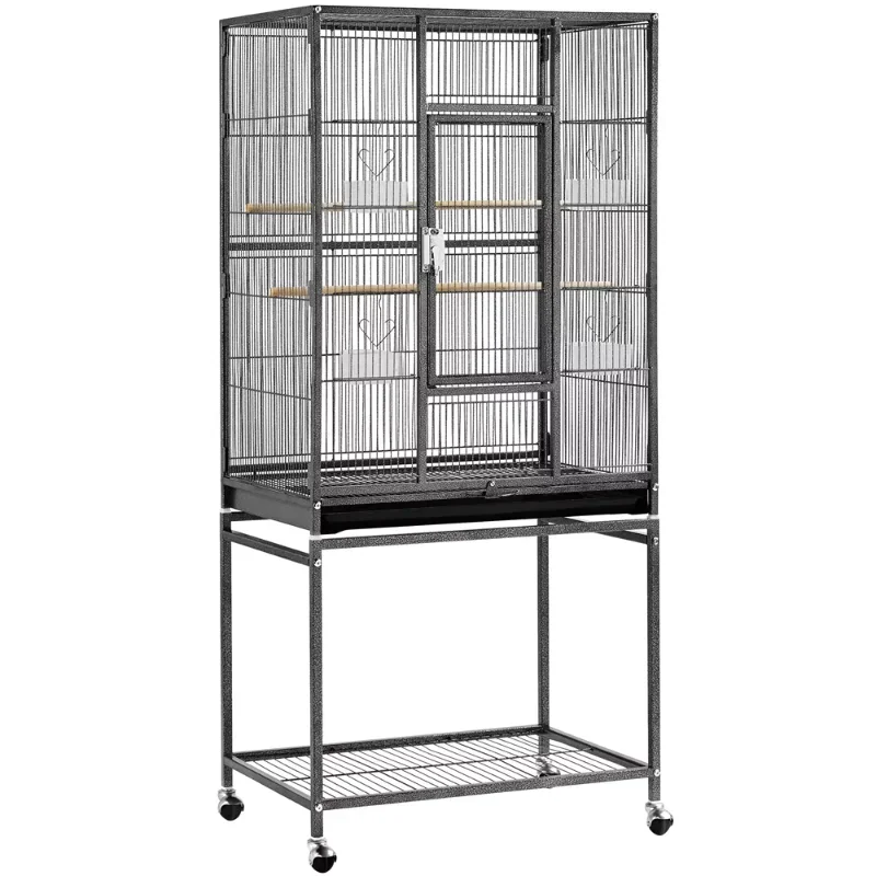 53.7'' Metal Rolling Bird Cage with Stand, 4 Feeding Bowls, and 2 Perches, Black